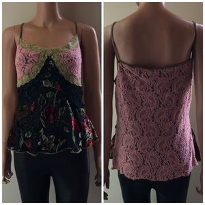 Vintage Lace Velvet Floral Ruffle Lined Tanktop